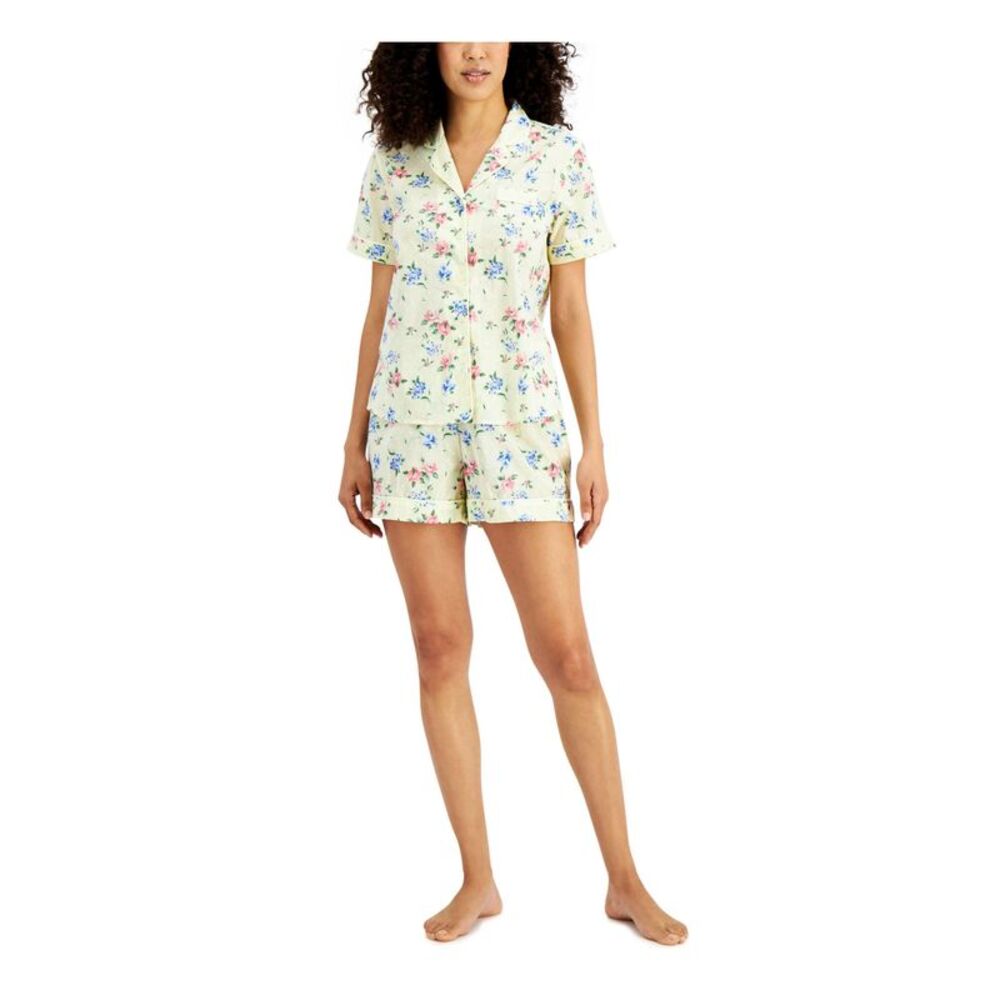 NWT CHARTER CLUB Mens Yellow Floral Short Sleeve Button Up Top Woven Pajamas L